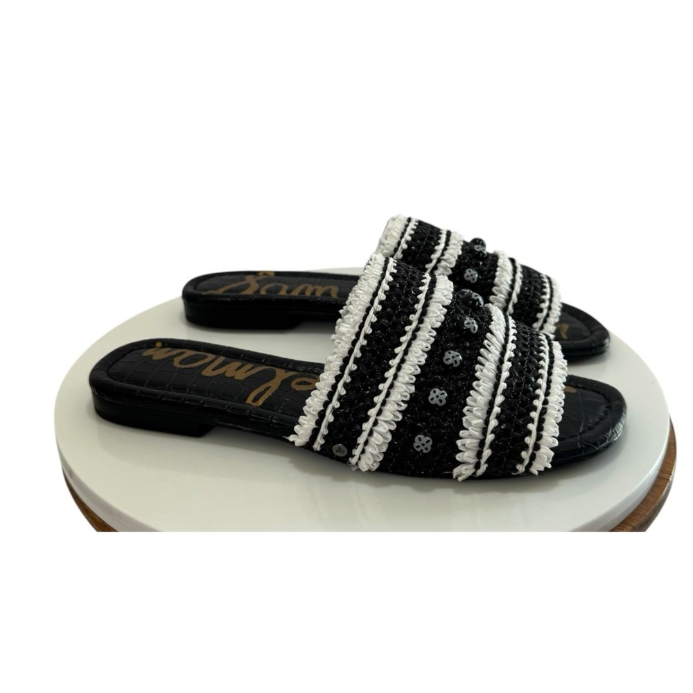 Sam Edelman Brandon Black White Raffia Slide Sandal Woven Beaded Fringe Flat 6.5